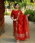Nayantara Elegant Straight Kanchi Cotton Red Kurti With Dupatta