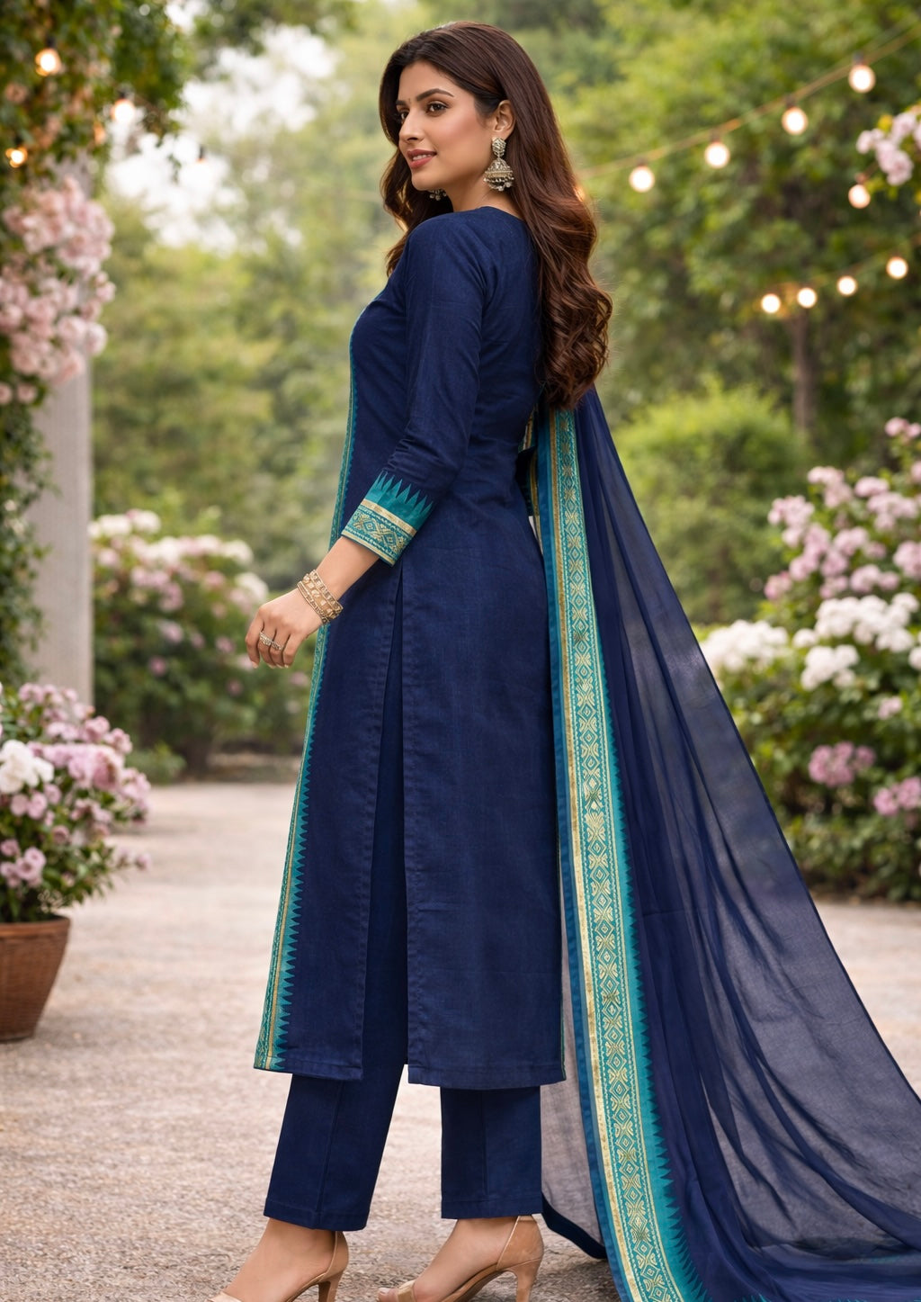 Elegant Straight Kanchi Cotton Blue Kurti With Dupatta