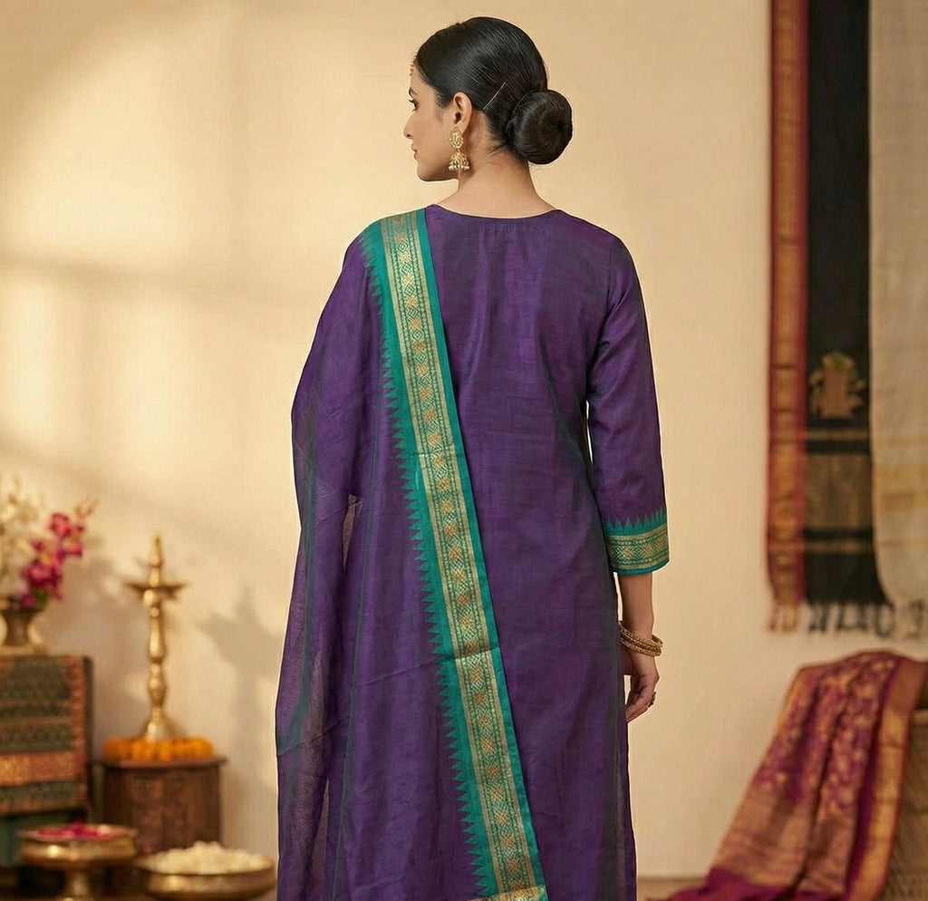 Elegant Straight Kanchi Cotton Violet Kurti With Dupatta