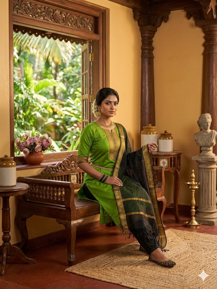 Fancy Kanchi Cotton Zari Work Olive & Black Kurti Set