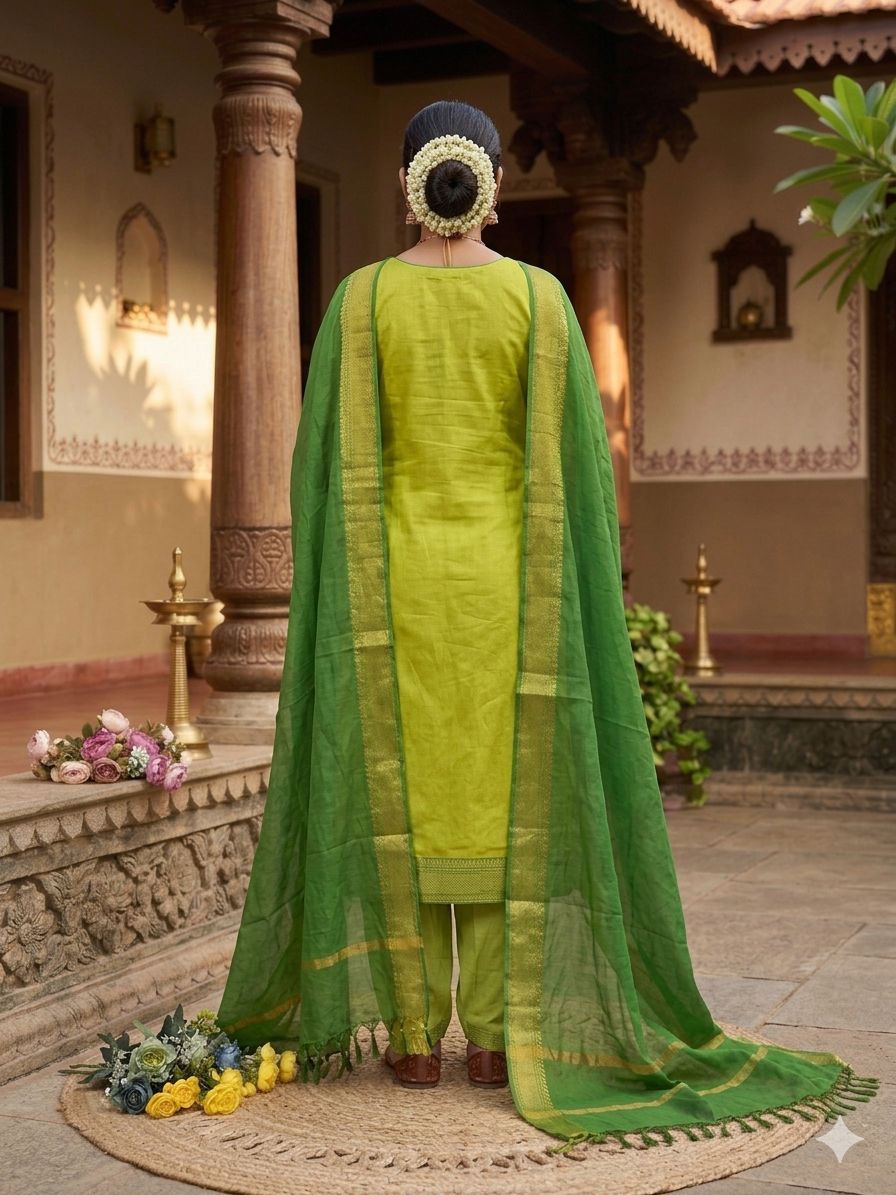 Fancy Kanchi Cotton Zari Work Lemon & Olive Kurti Set