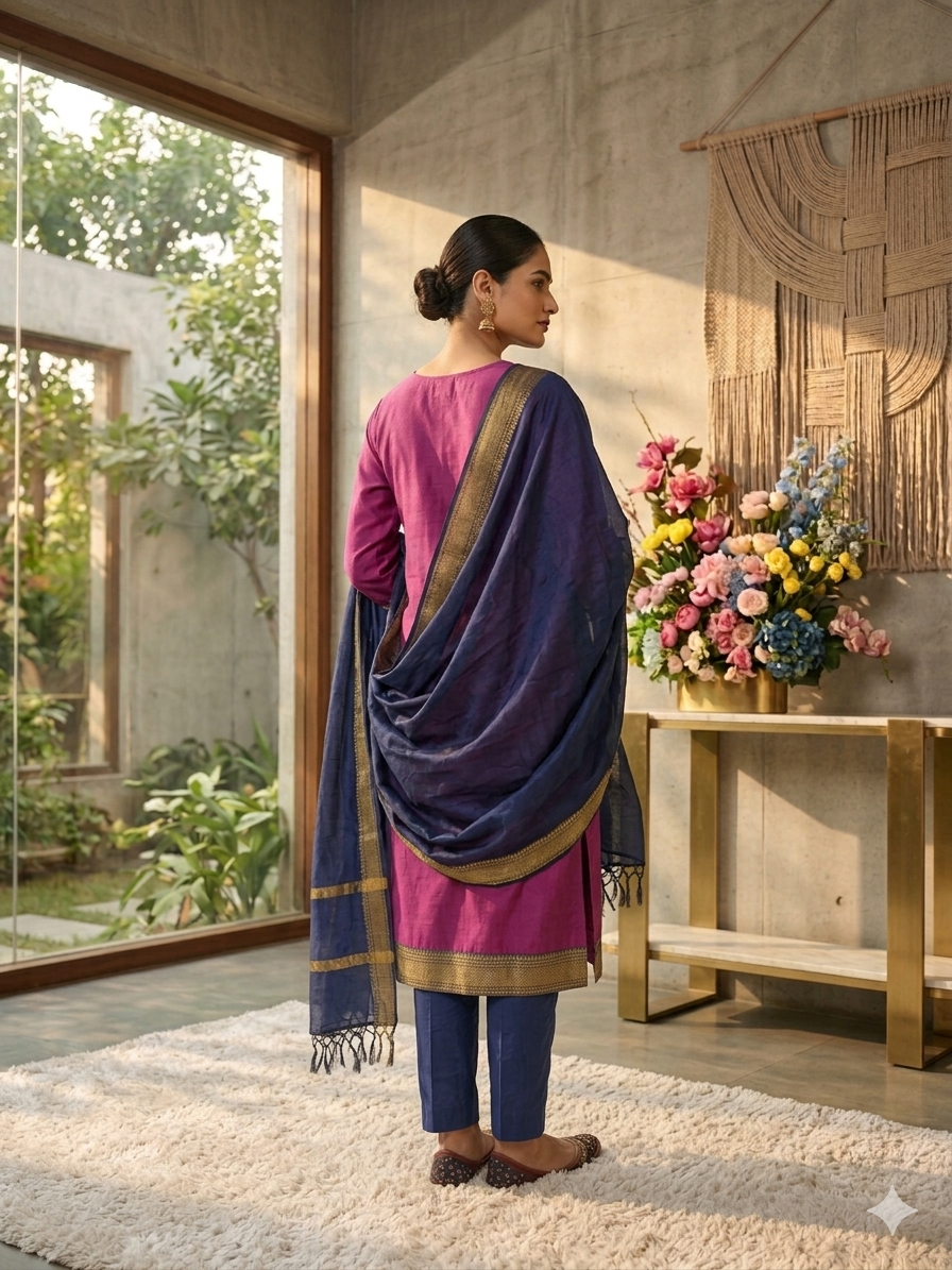 Fancy Kanchi Cotton Zari Work Pink & Blue Kurti Set