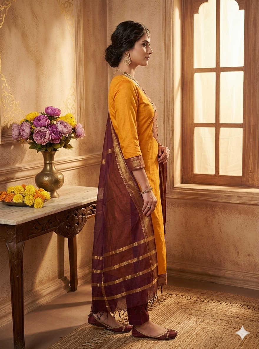 Fancy Kanchi Cotton Zari Work Gold & Maroon Kurti Set