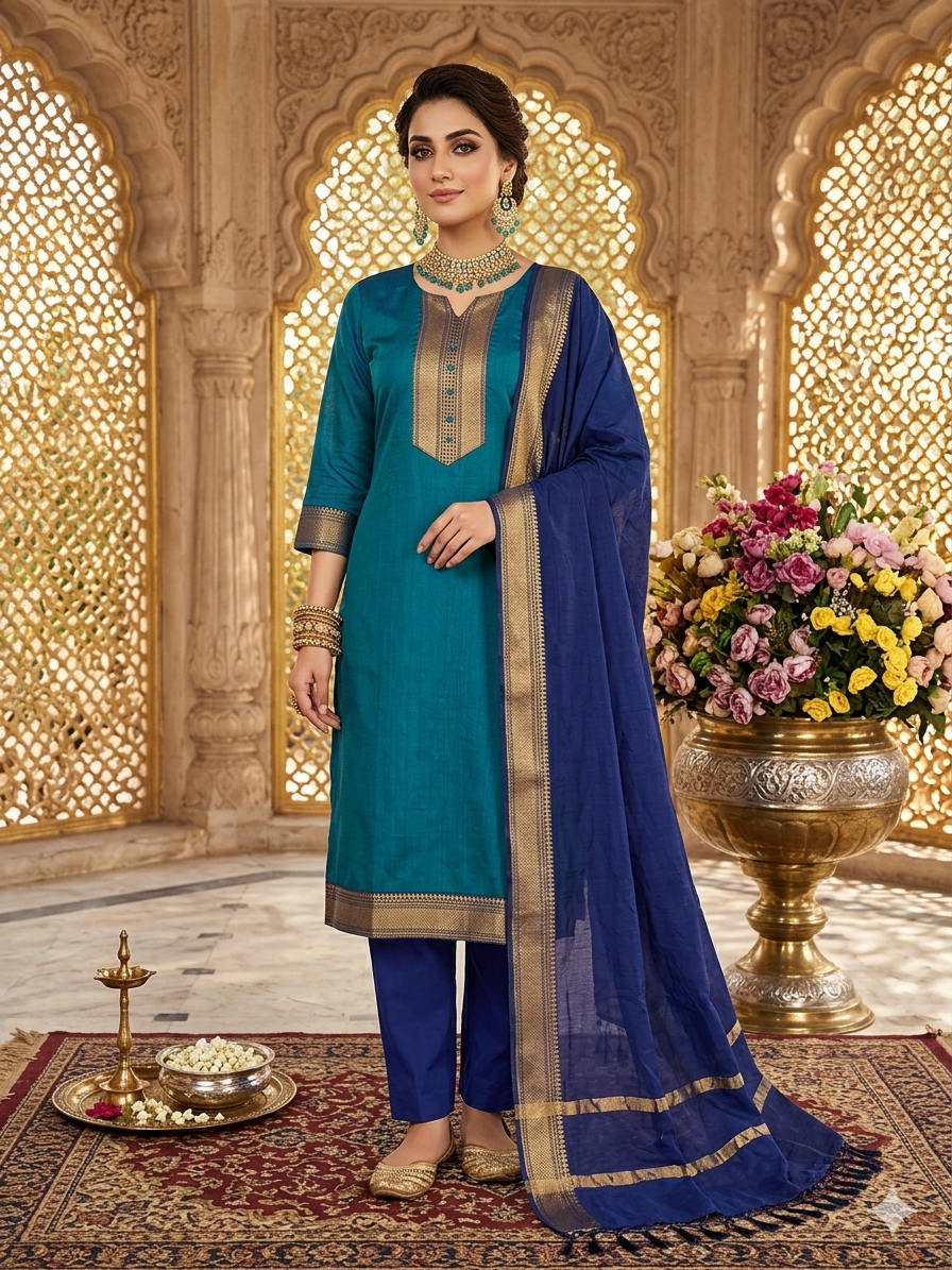 Fancy Kanchi Cotton Zari Work Blue & Sky Blue Kurti Set