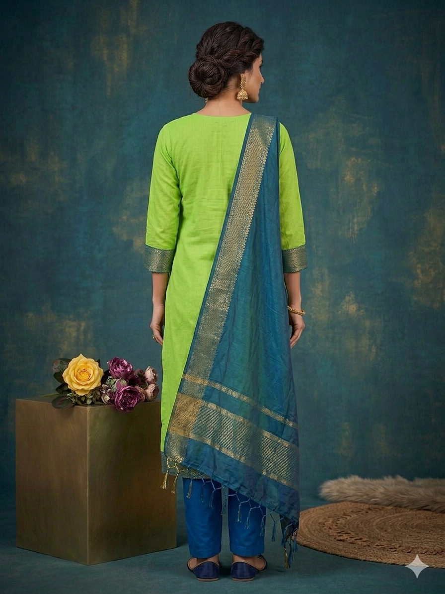 Fancy Kanchi Cotton Zari Work Pista Kurti Set