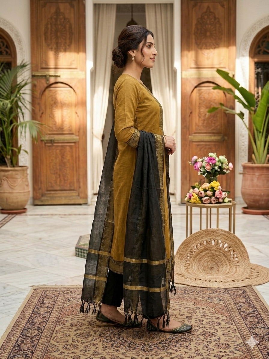 Fancy Kanchi Cotton Zari Work Musterd & Black Kurti Set