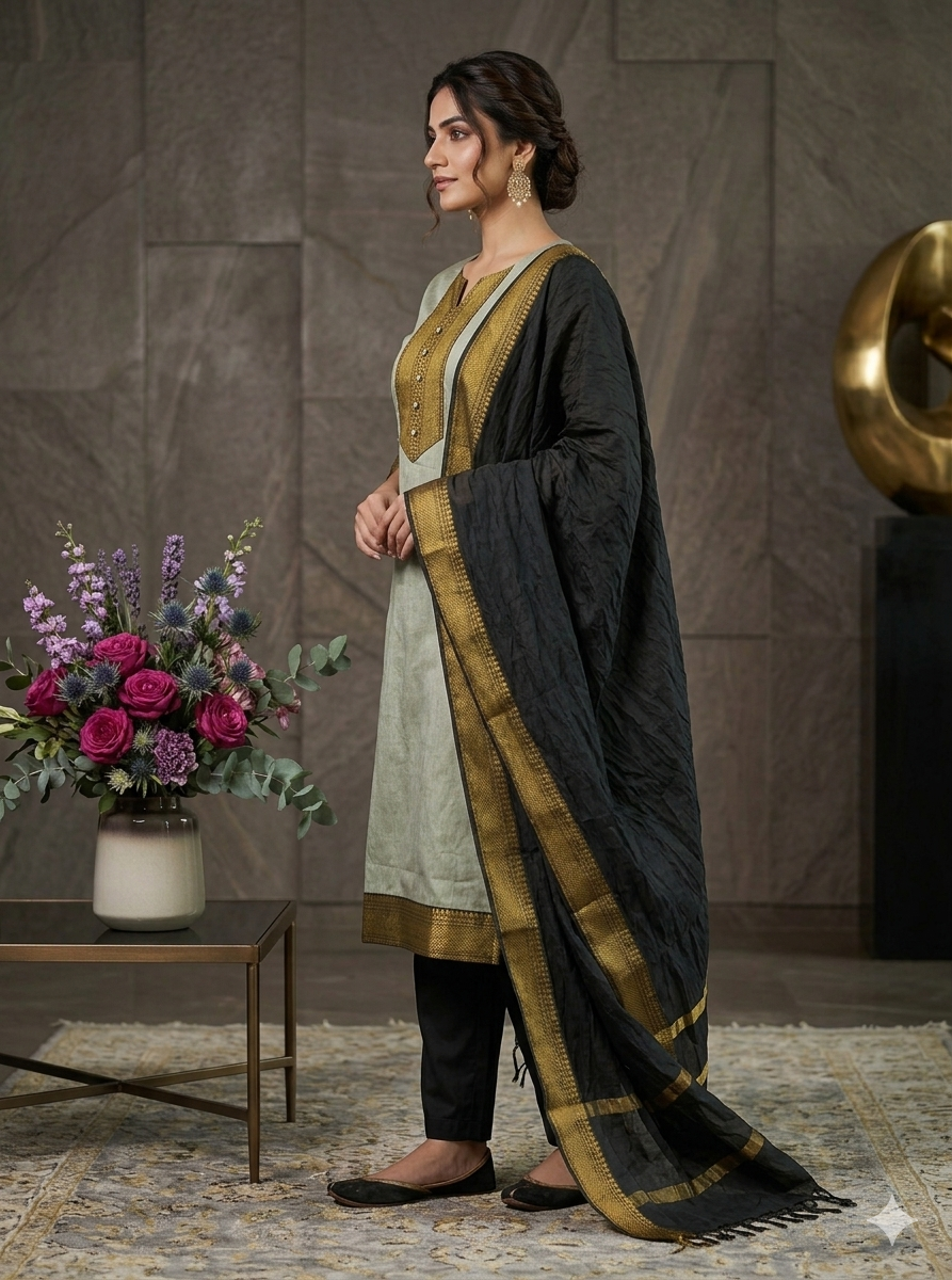 Fancy Kanchi Cotton Zari Work Cream & Black Kurti Set