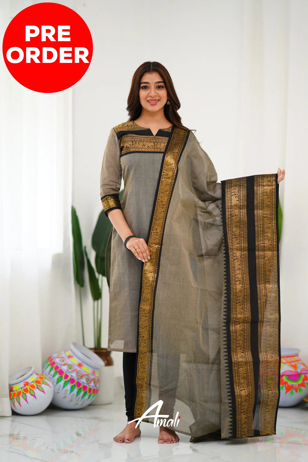 Meera Elegant Kanchi Cotton V-Neck Cream Kurti With Dupatta