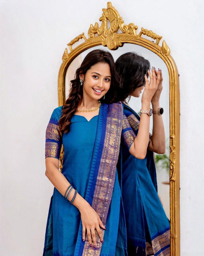 Sky Blue Elegant Kanchi Cotton V-Neck Kurti With Dupatta