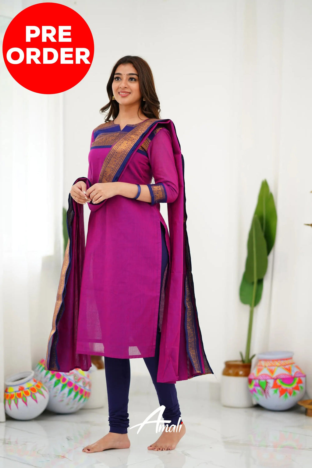 Meera Elegant Kanchi Cotton V-Neck Pink Kurti With Dupatta