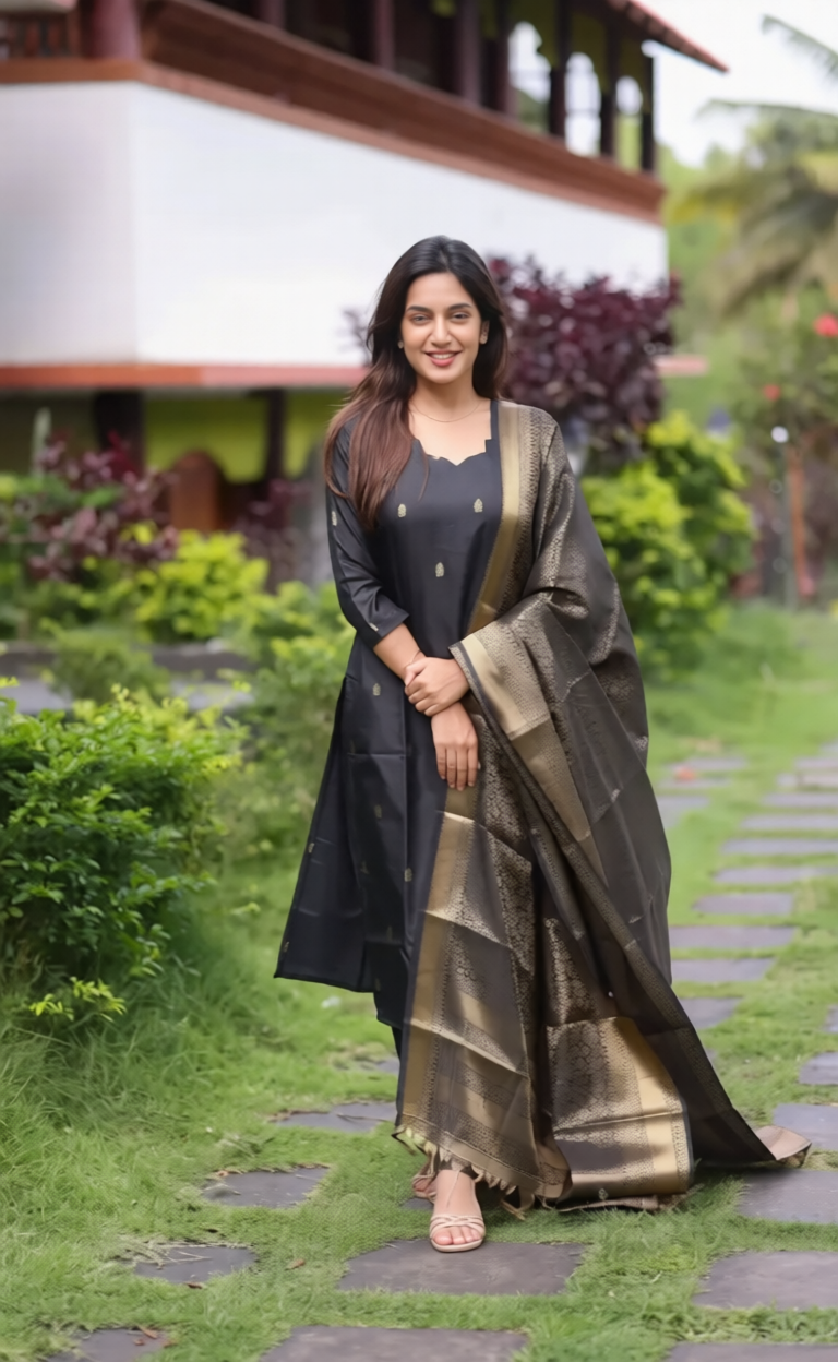 Premium Blended Silk Zari Work Black Kurti Set