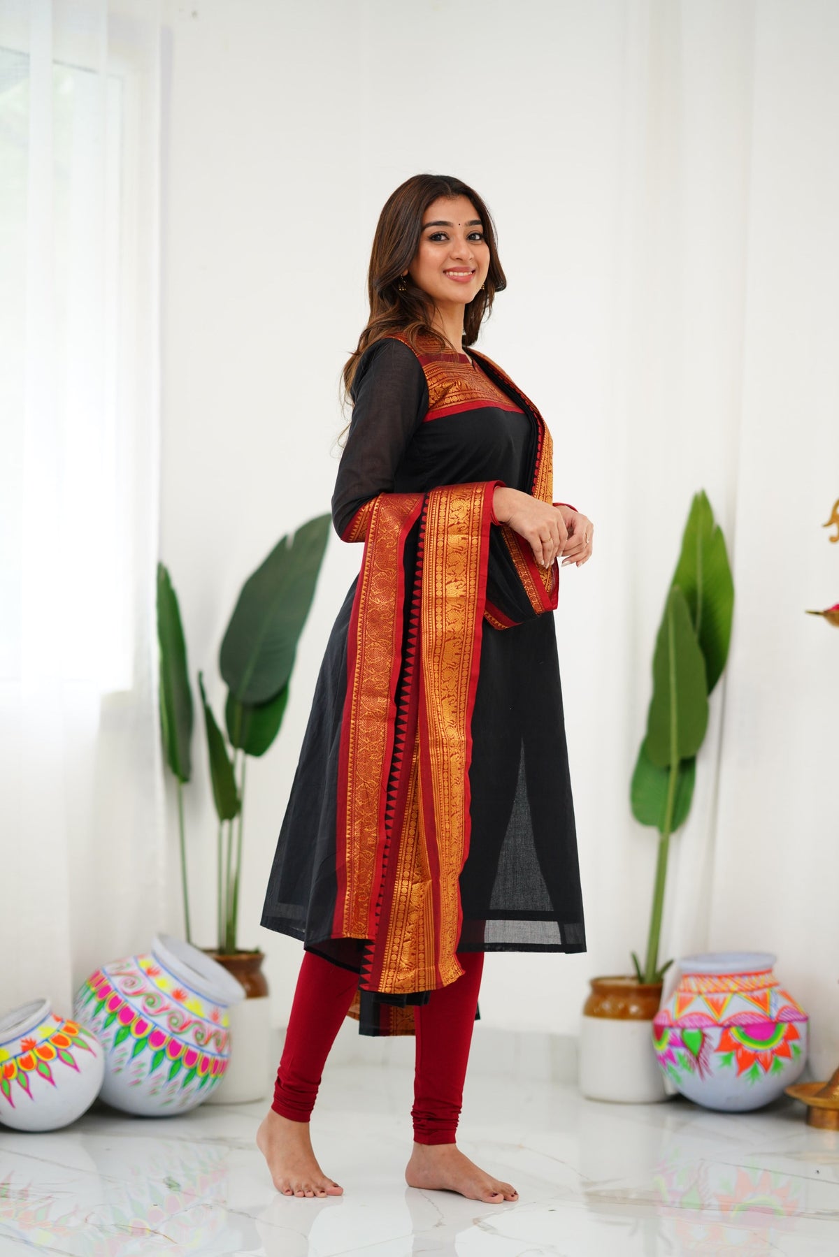 Meera Elegant Kanchi Cotton V-Neck Black Kurti With Dupatta