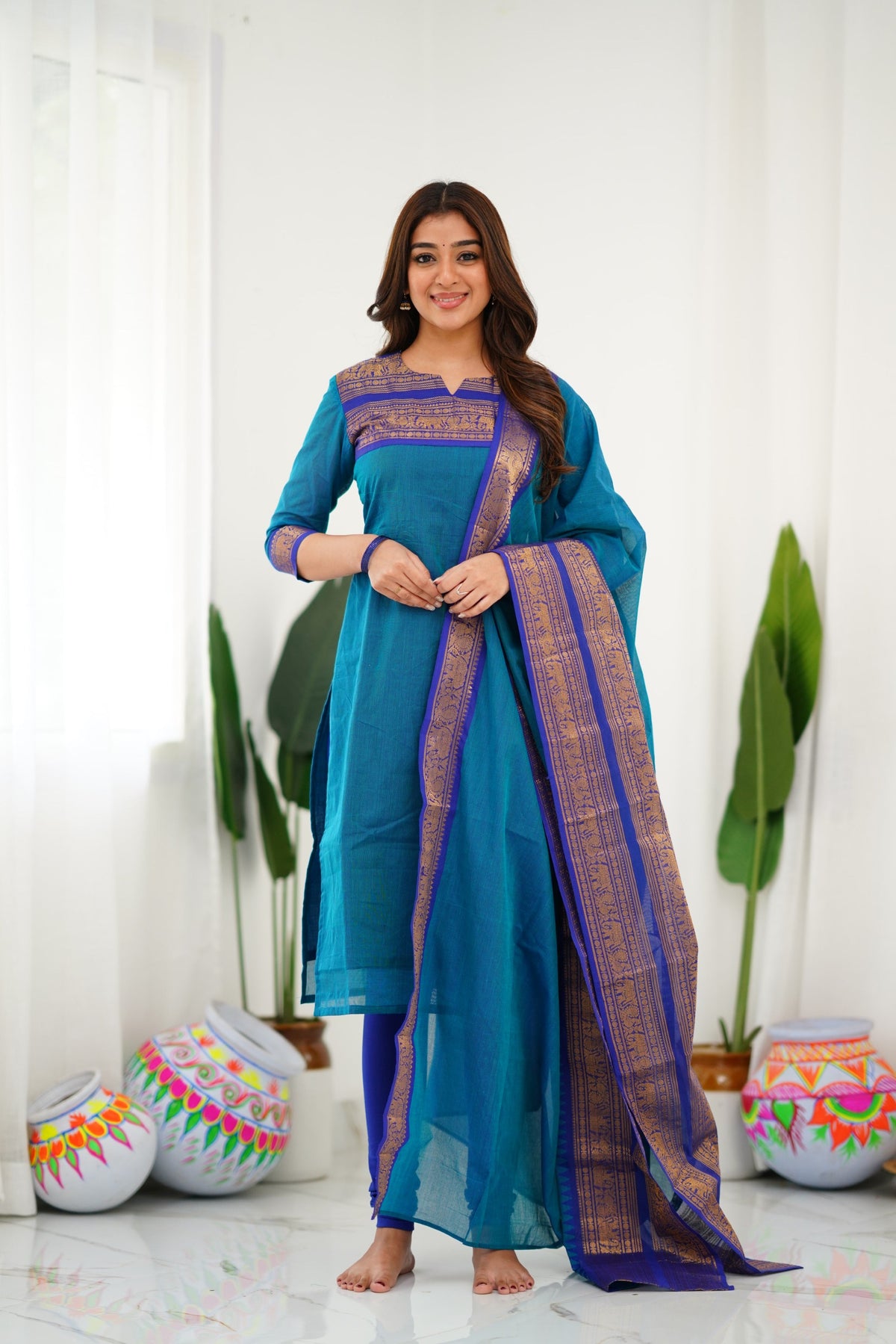 Meera Elegant Kanchi Cotton V-Neck Sky Blue Kurti With Dupatta