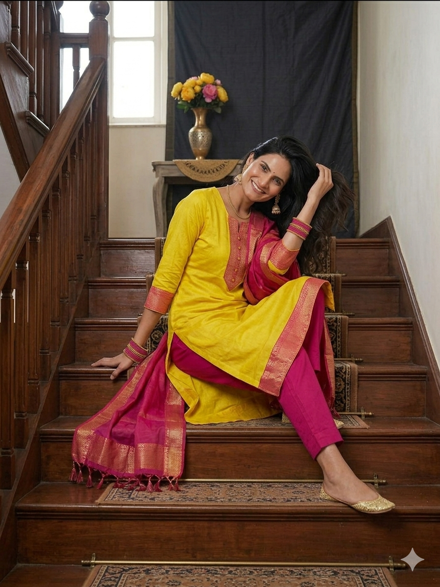Fancy Kanchi Cotton Zari Work Lemon & Pink Kurti Set