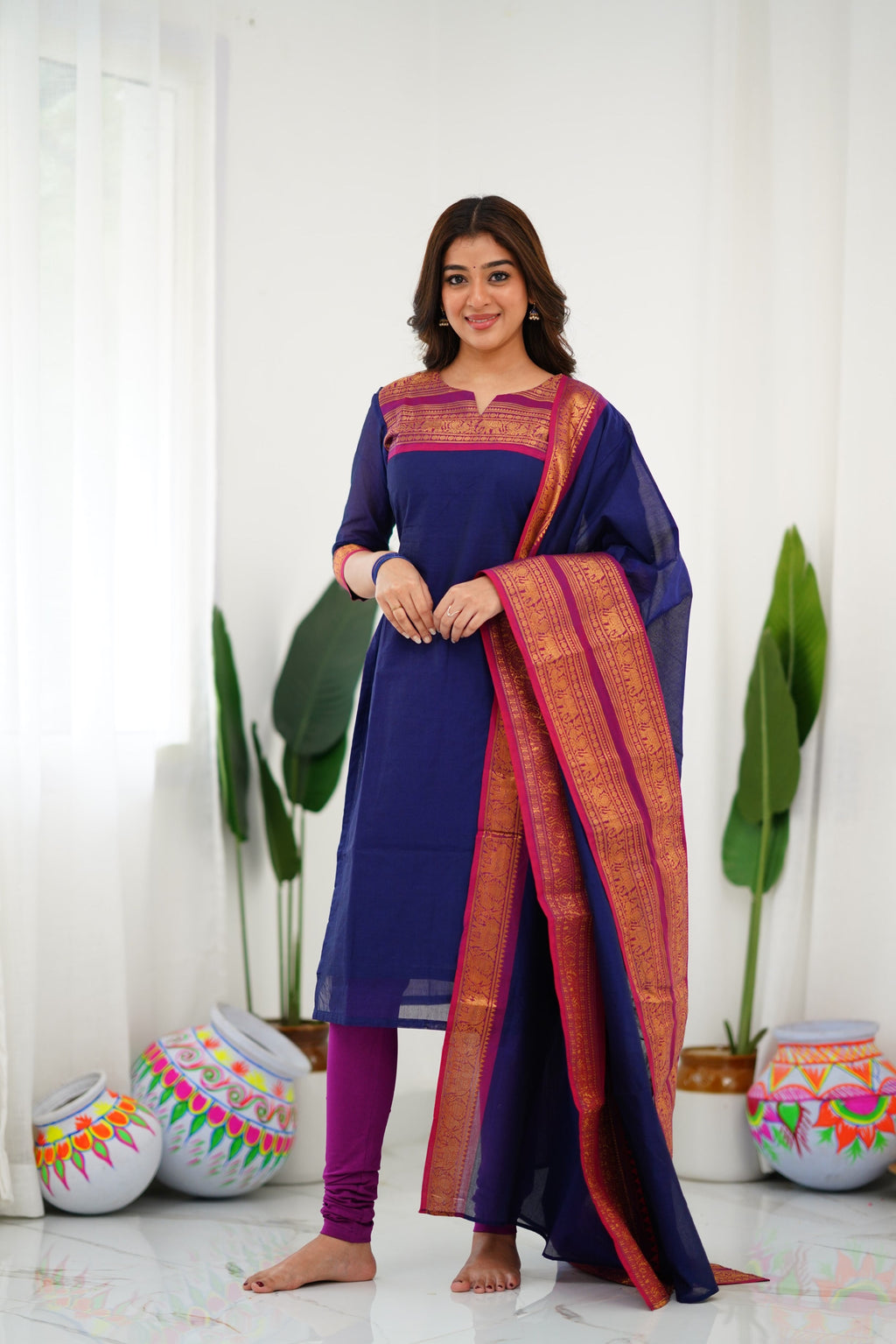 Meera Elegant Kanchi Cotton V-Neck Blue Kurti With Dupatta