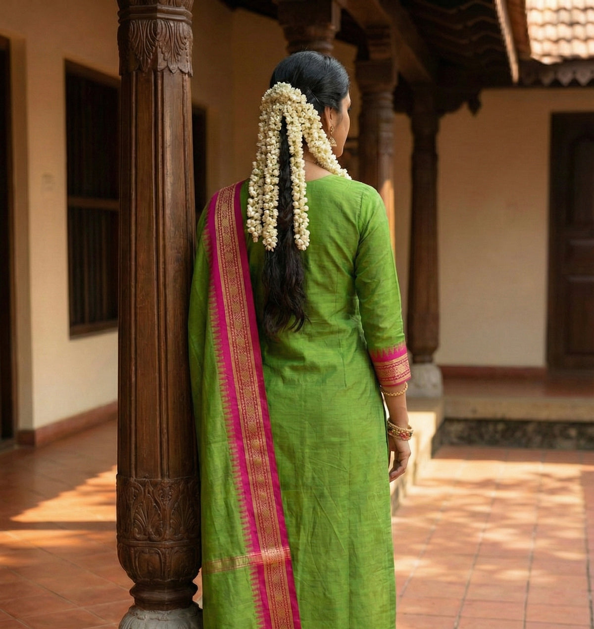 Elegant Straight Kanchi Cotton Green Kurti With Dupatta