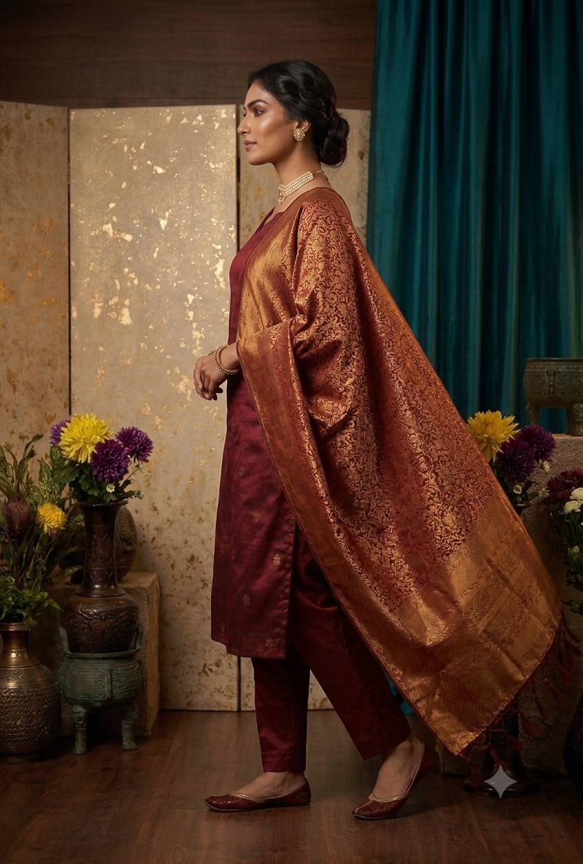 Premium Blended Silk Zari Work Red Kurti Set