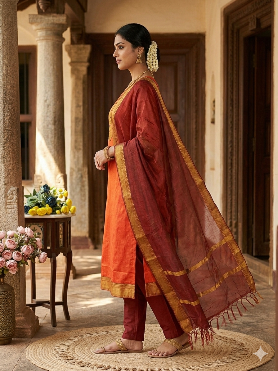 Fancy Kanchi Cotton Zari Work Orange & Red Kurti Set