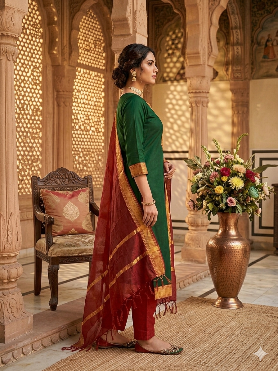 Fancy Kanchi Cotton Zari Work Green & Red Kurti Set
