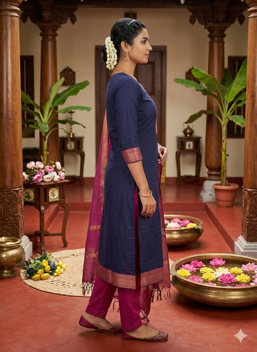 Fancy Kanchi Cotton Zari Work Blue & Pink Kurti Set