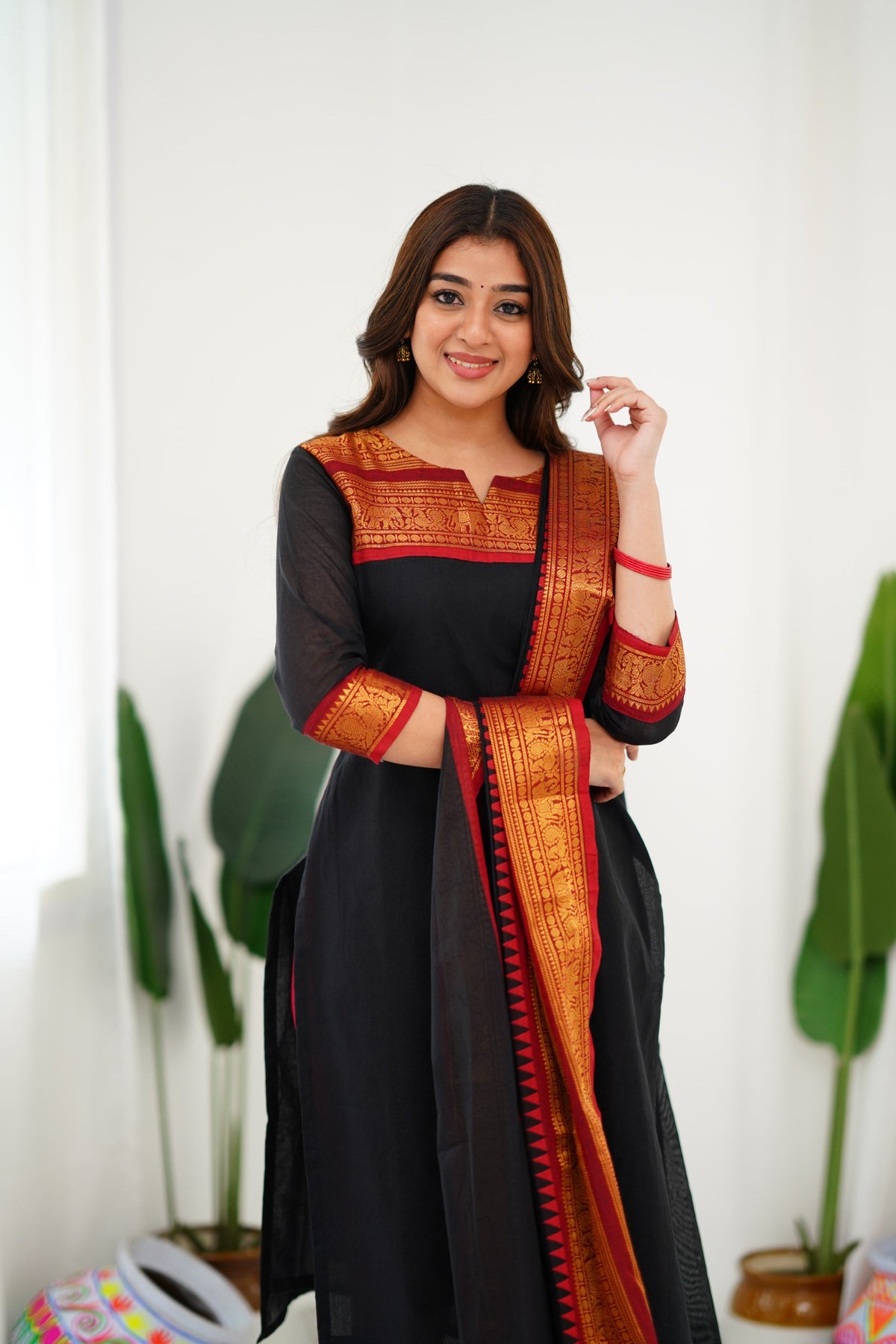 Meera Elegant Kanchi Cotton V-Neck Black Kurti With Dupatta