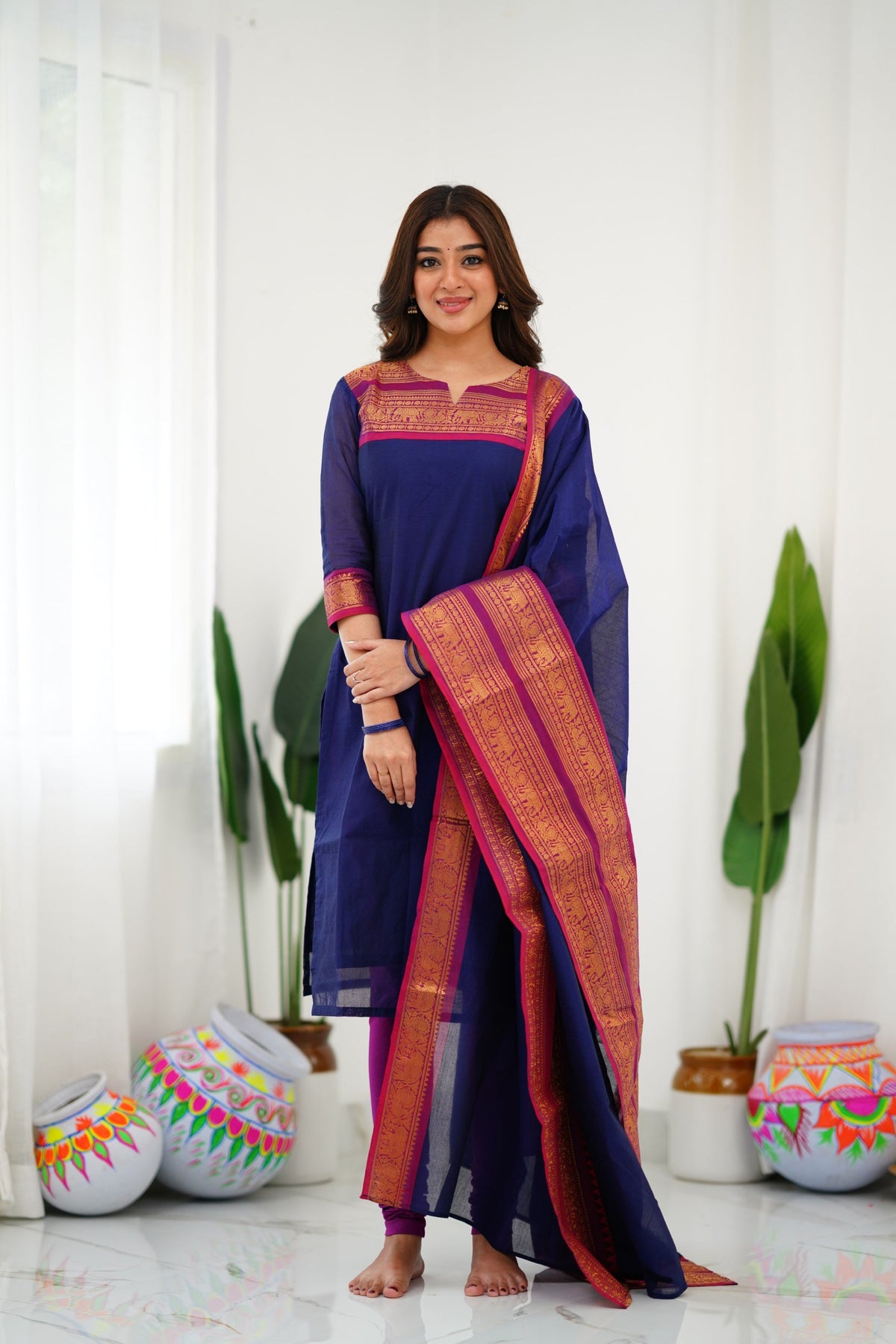 Meera Elegant Kanchi Cotton V-Neck Blue Kurti With Dupatta