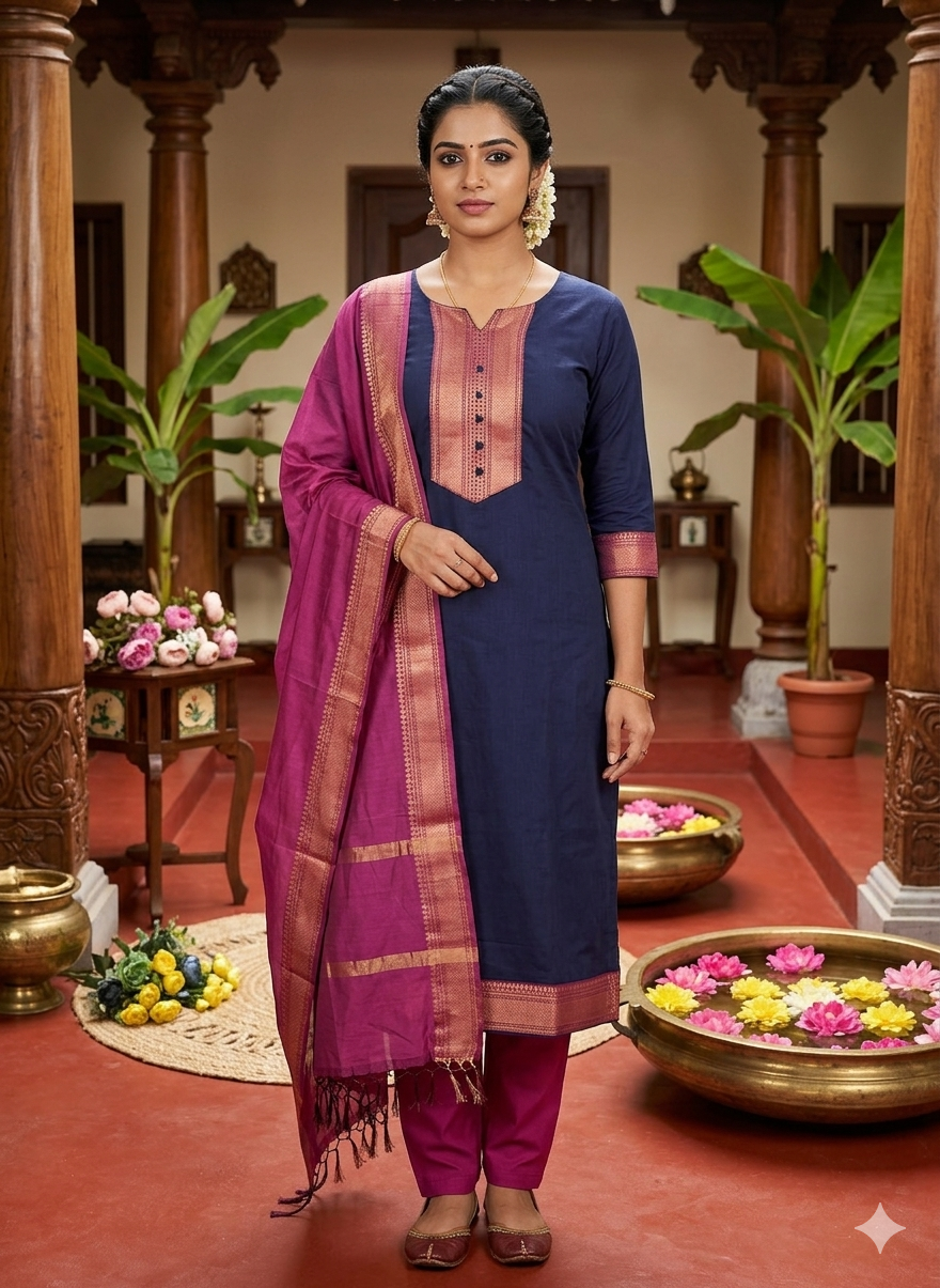 Fancy Kanchi Cotton Zari Work Blue & Pink Kurti Set