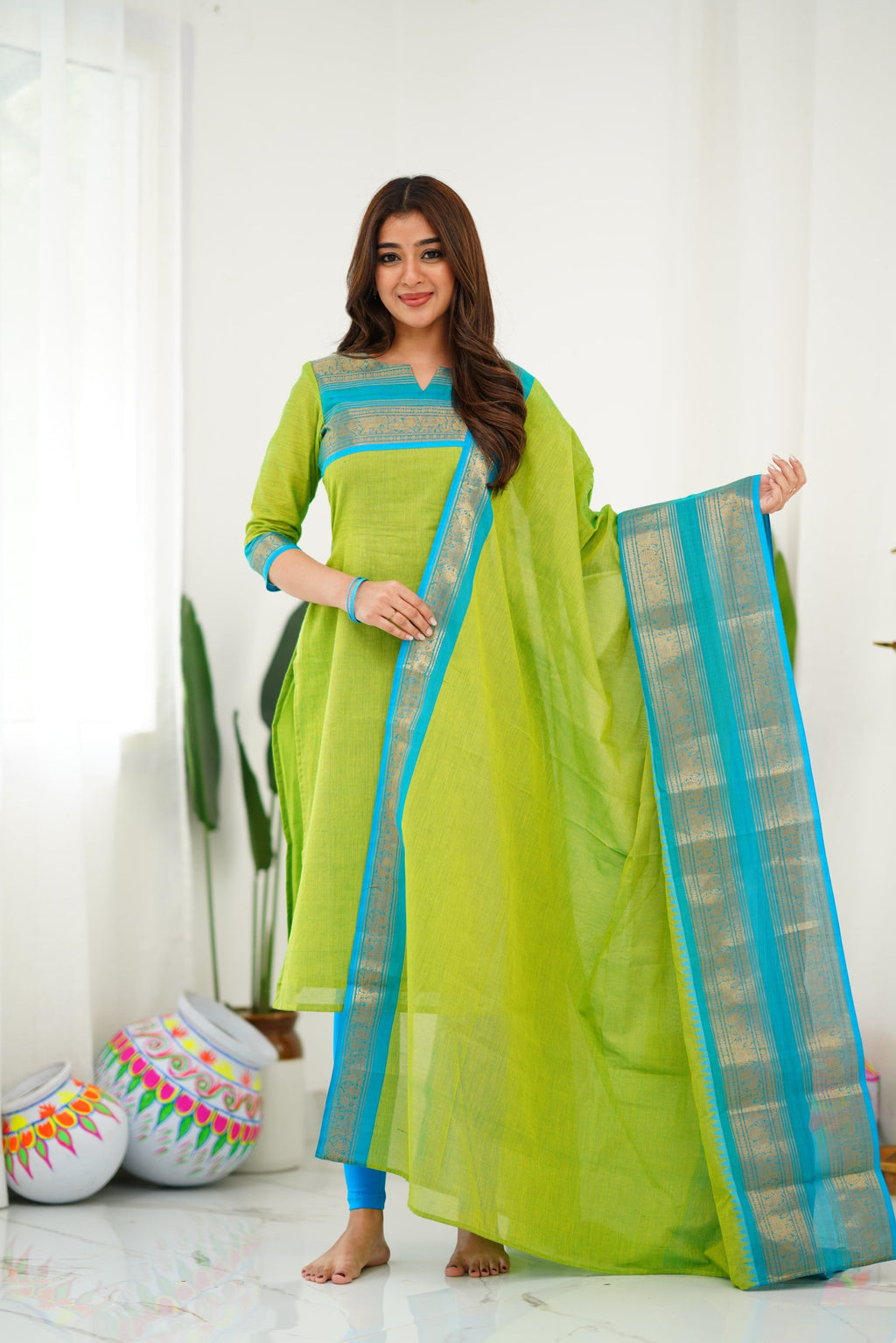 Meera Elegant Kanchi Cotton V-Neck Light Green Kurti With Dupatta