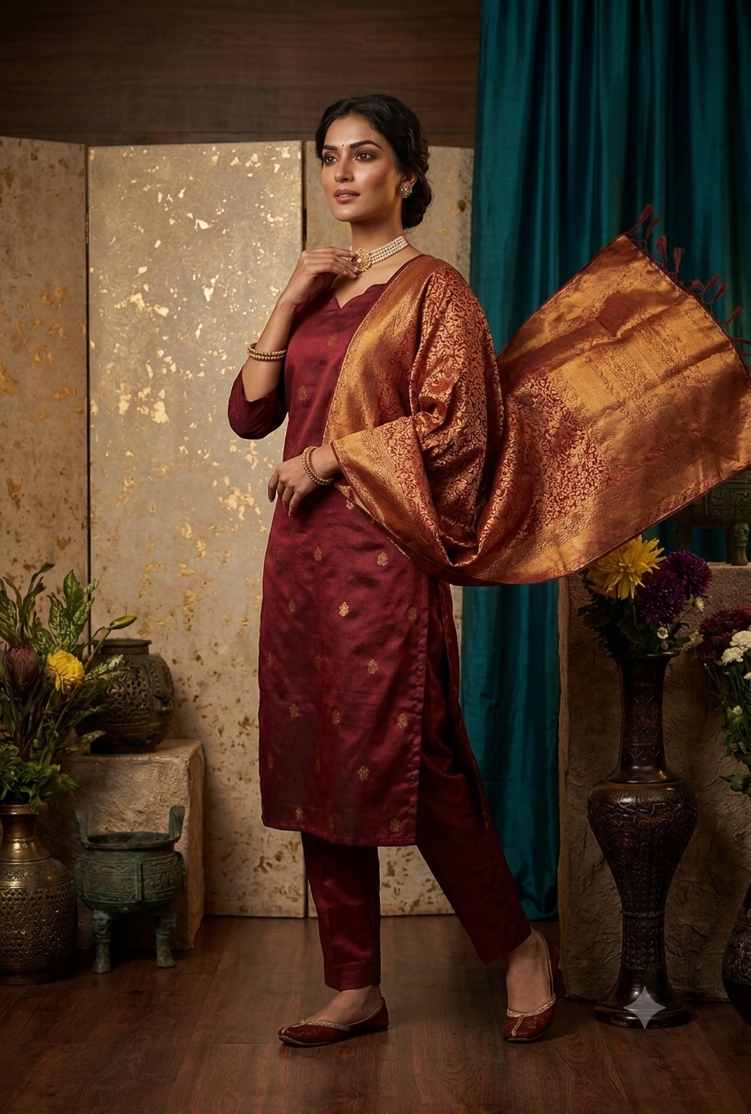 Premium Blended Silk Zari Work Red Kurti Set