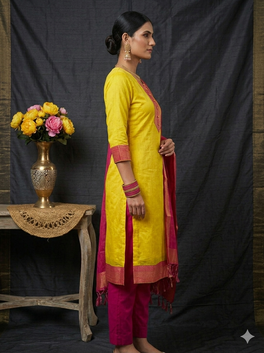 Fancy Kanchi Cotton Zari Work Lemon & Pink Kurti Set