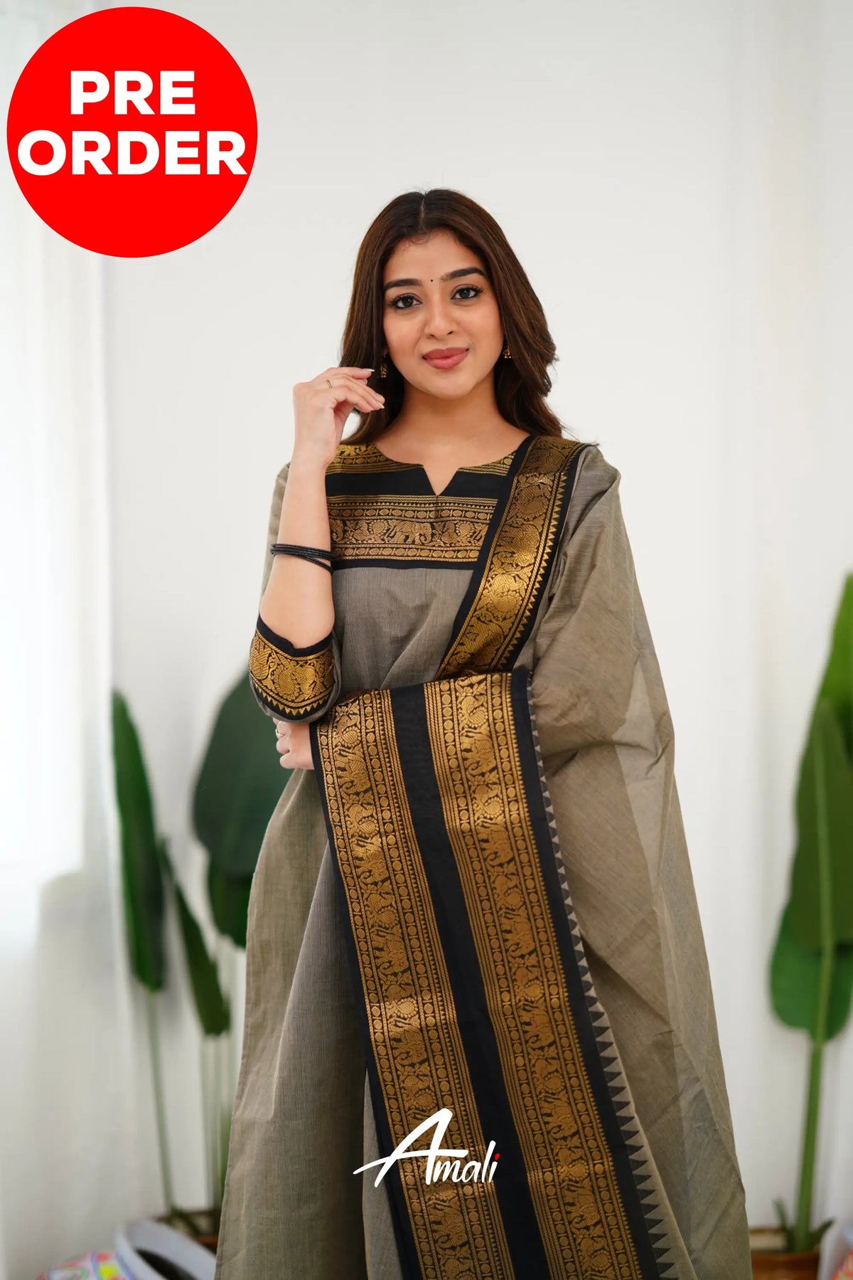 Meera Elegant Kanchi Cotton V-Neck Cream Kurti With Dupatta