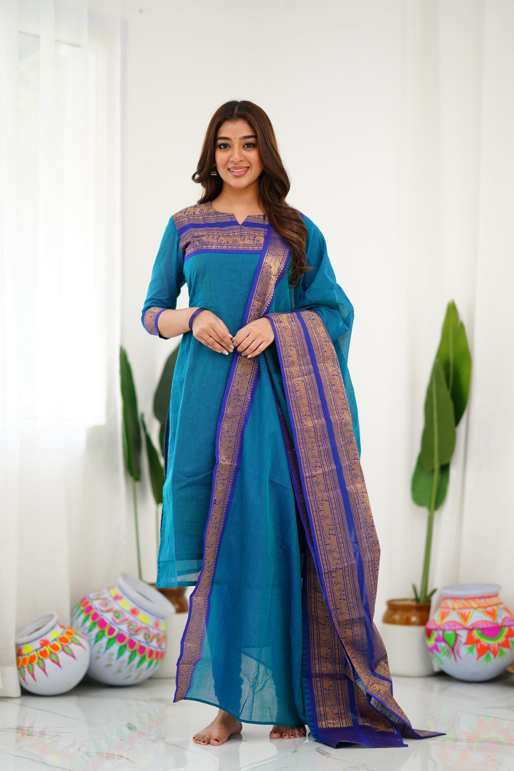 Meera Elegant Kanchi Cotton V-Neck Sky Blue Kurti With Dupatta