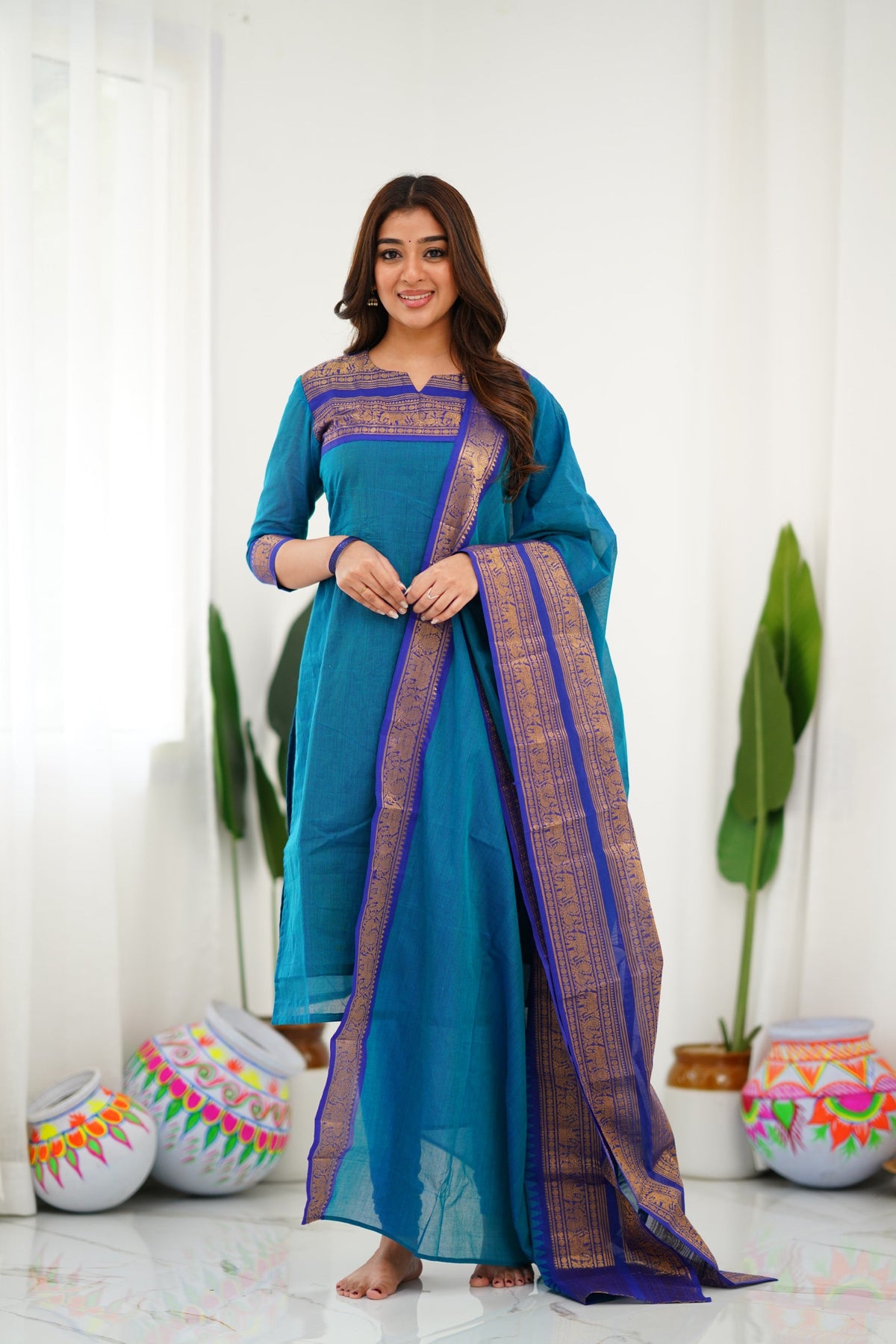 Meera Elegant Kanchi Cotton V-Neck Sky Blue Kurti With Dupatta