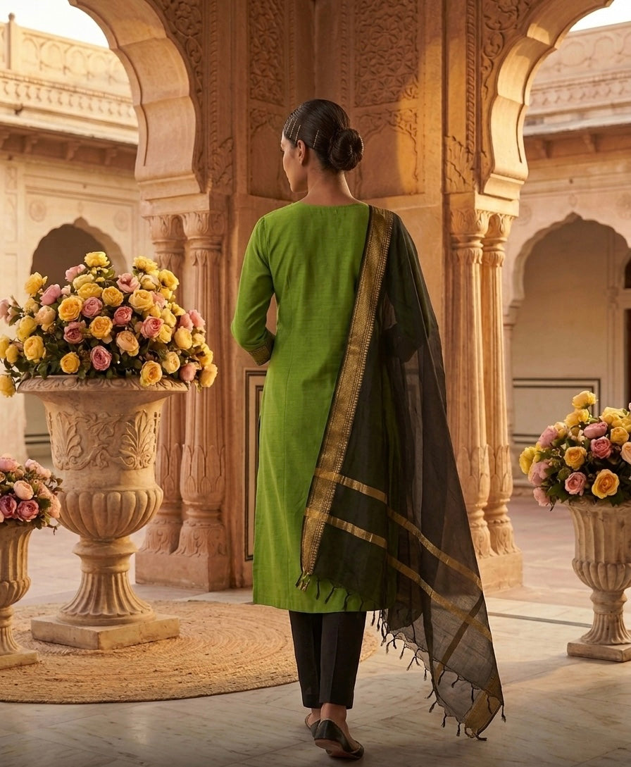 Fancy Kanchi Cotton Zari Work Olive & Black Kurti Set