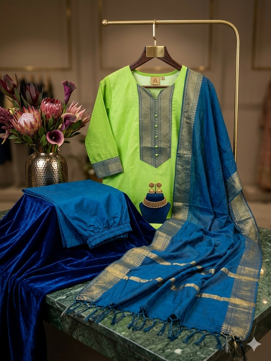 Fancy Kanchi Cotton Zari Work Pista Kurti Set