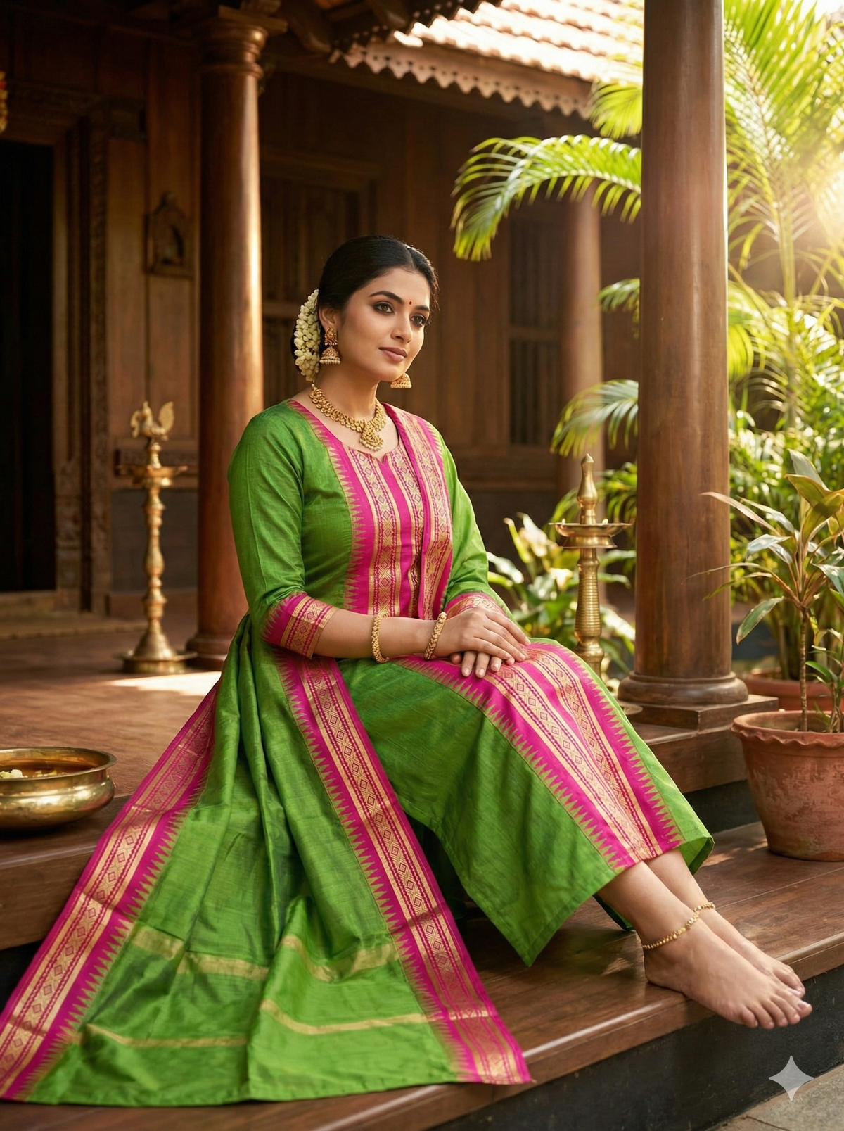 Elegant Straight Kanchi Cotton Green Kurti With Dupatta
