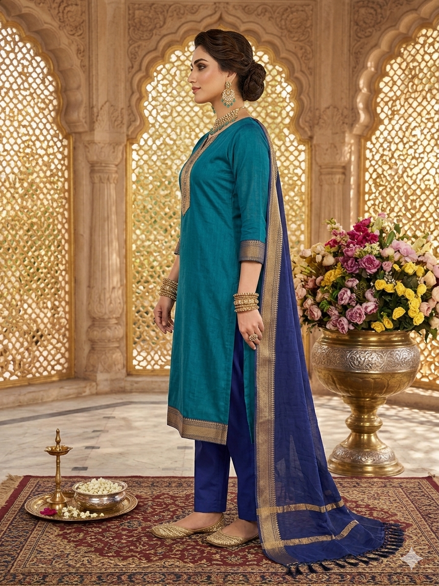 Fancy Kanchi Cotton Zari Work Blue & Sky Blue Kurti Set