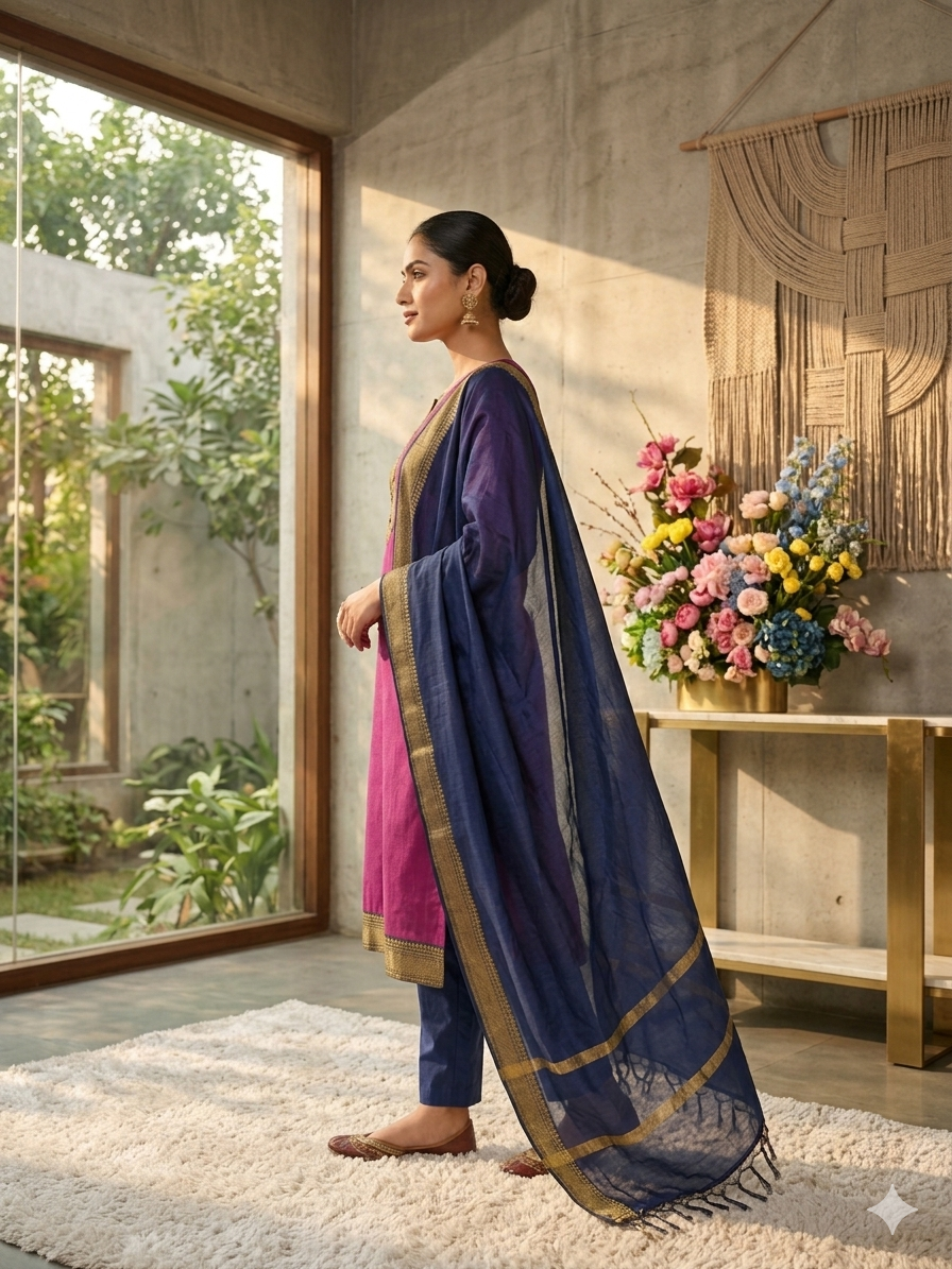 Fancy Kanchi Cotton Zari Work Pink & Blue Kurti Set