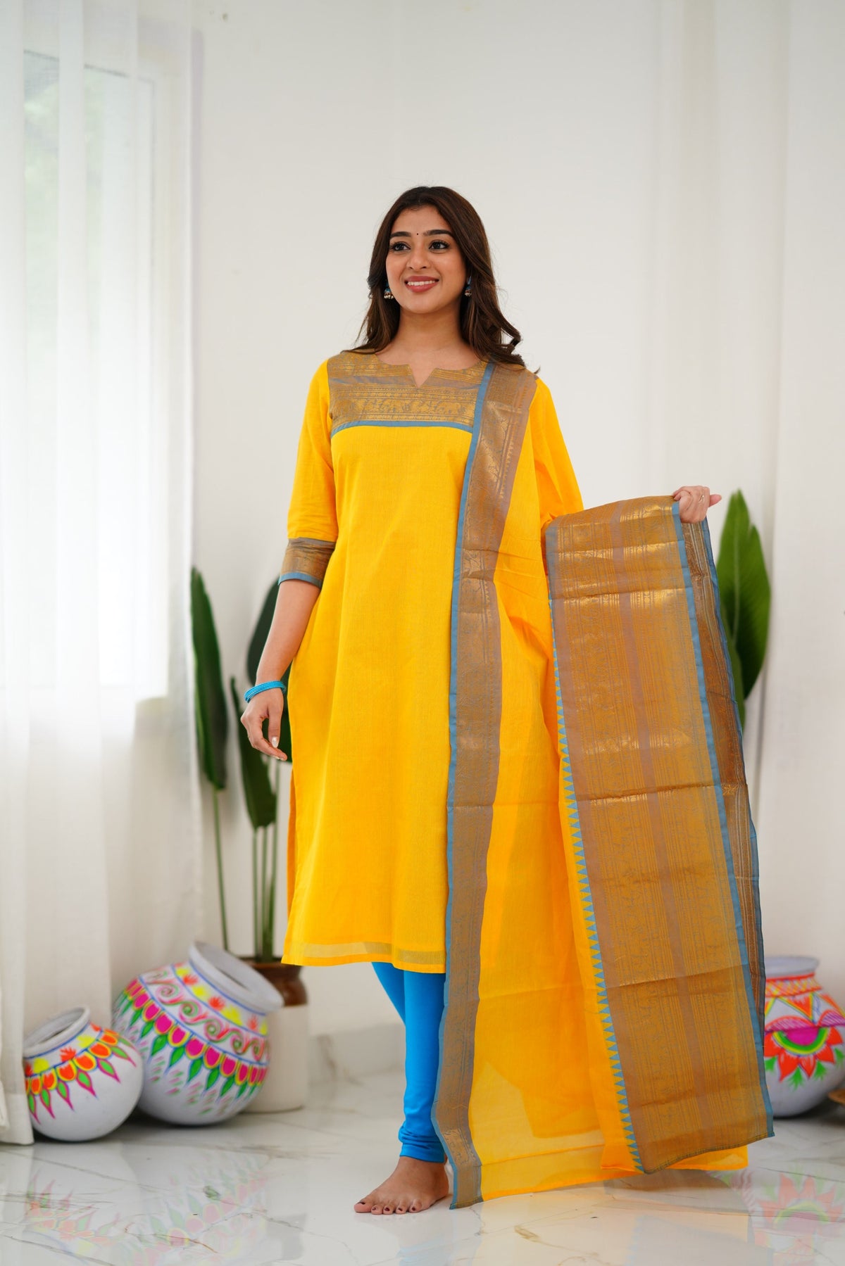 Meera Elegant Kanchi Cotton V-Neck Yellow Kurti With Dupatta