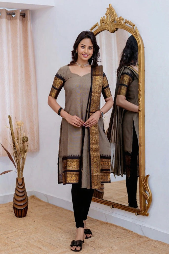 Cream Elegant Kanchi Cotton V-Neck Kurti With Dupatta