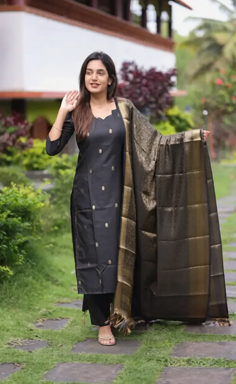 Premium Blended Silk Zari Work Black Kurti Set