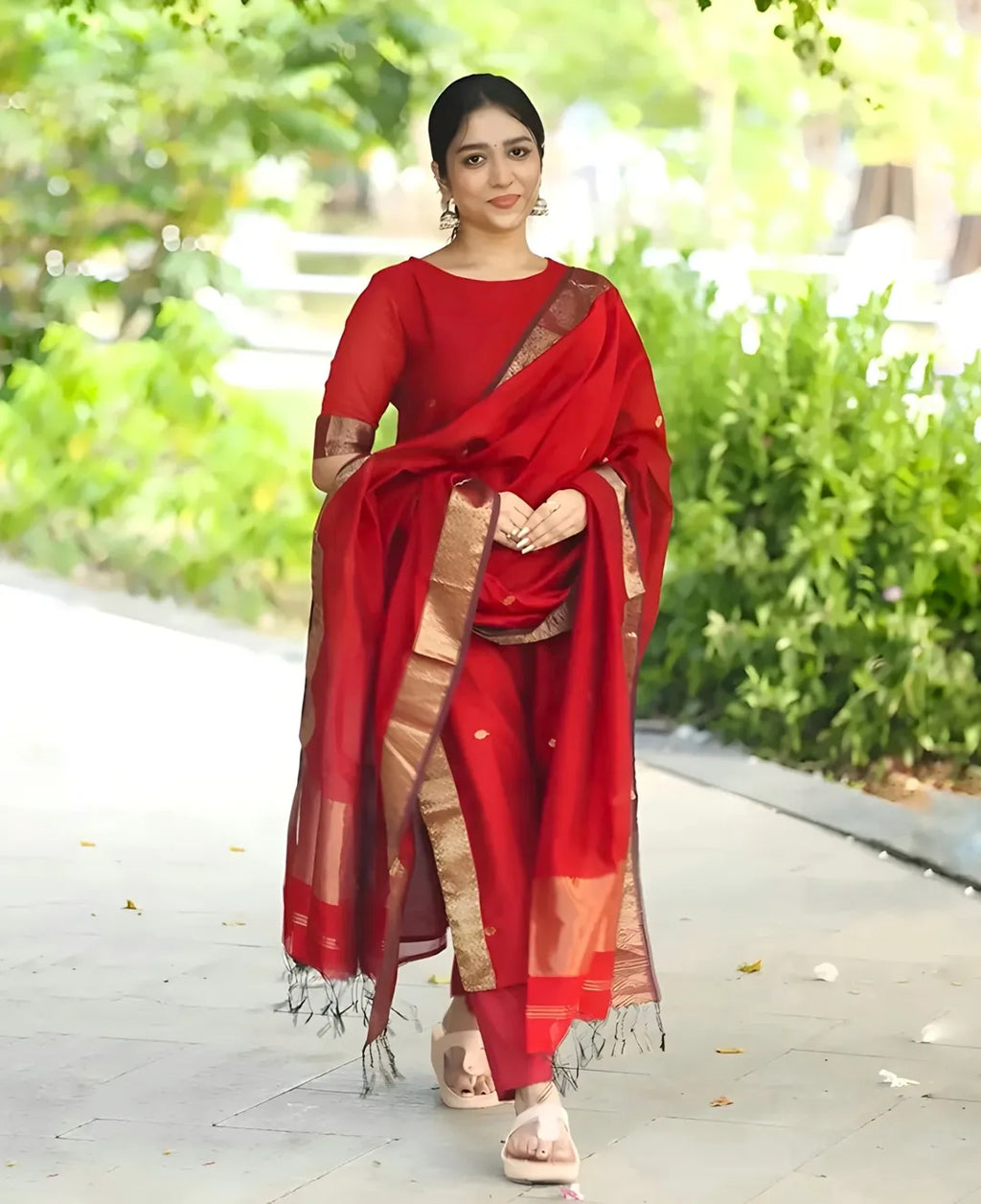 Nayantara Elegant Straight Kanchi Cotton Red Kurti With Dupatta