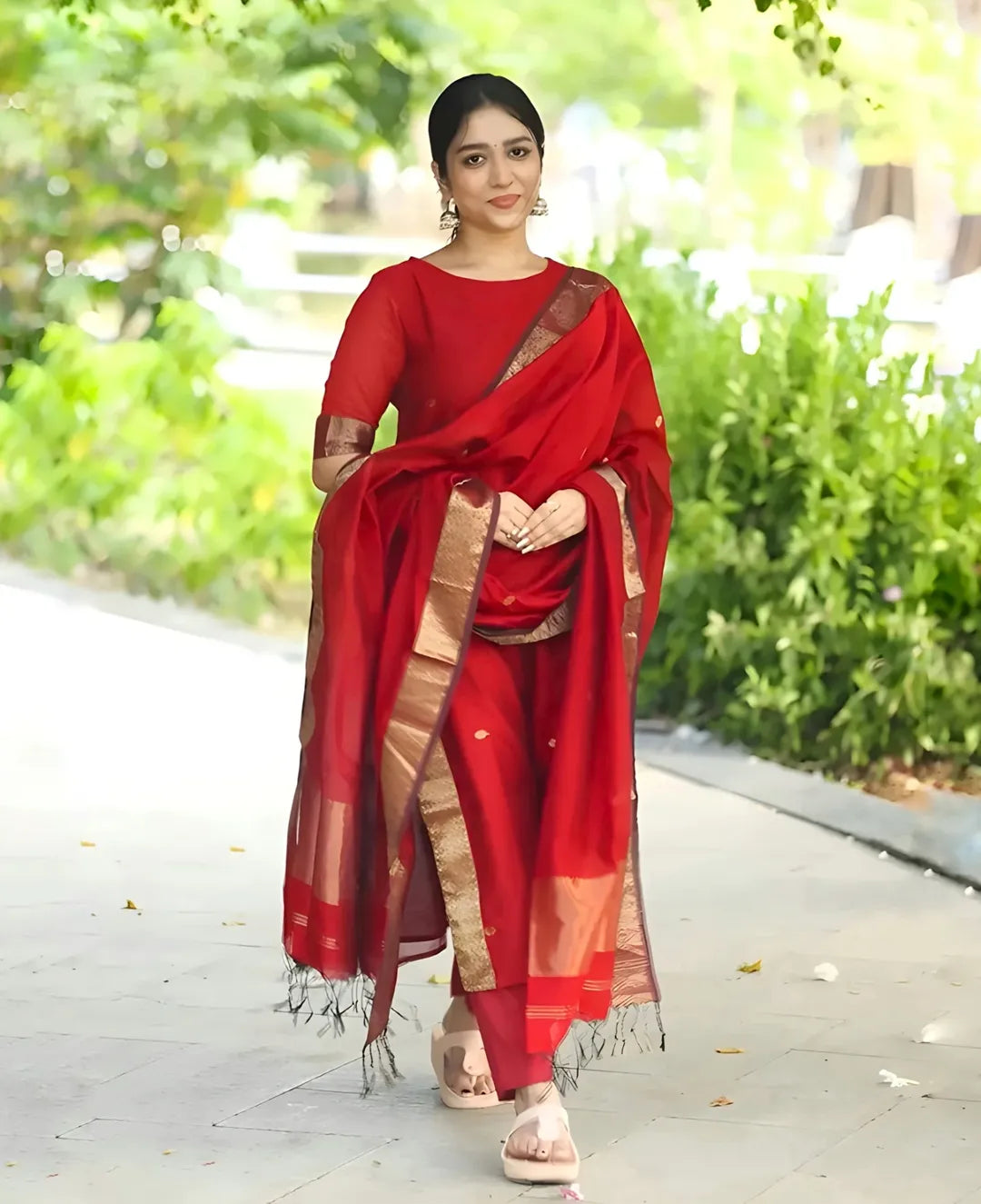 Nayantara Elegant Straight Kanchi Cotton Red Kurti With Dupatta