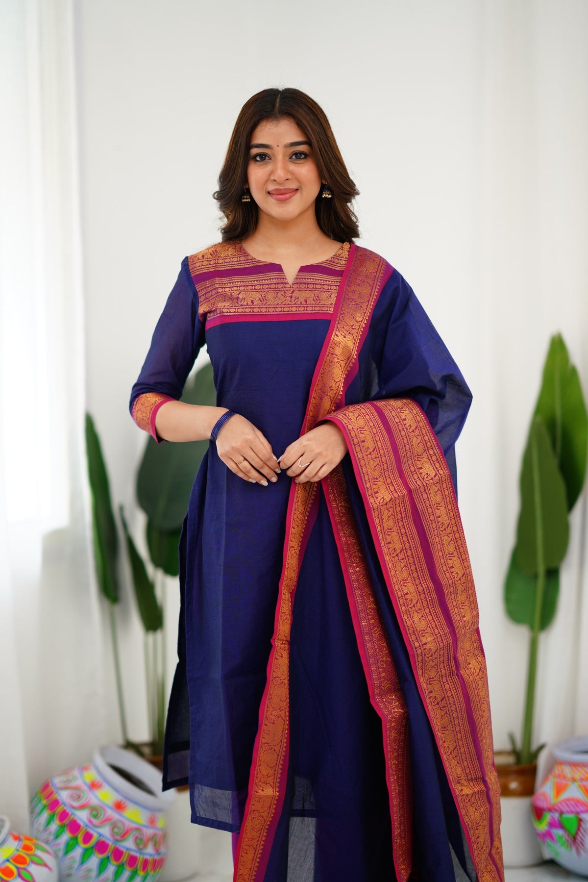 Meera Elegant Kanchi Cotton V-Neck Blue Kurti With Dupatta