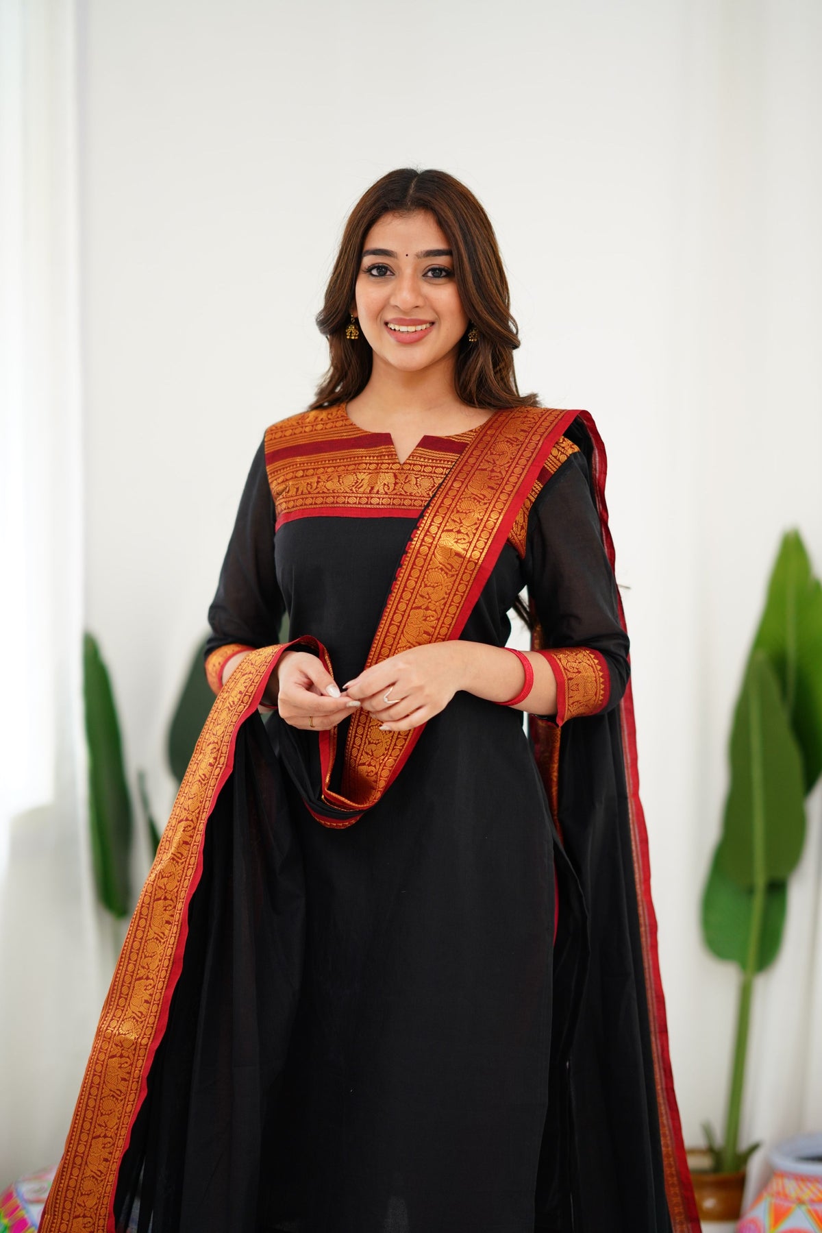Meera Elegant Kanchi Cotton V-Neck Black Kurti With Dupatta