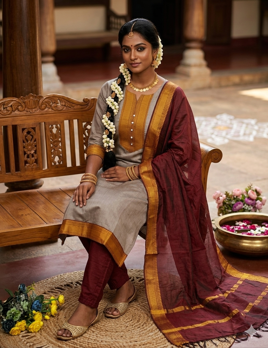 Fancy Kanchi Cotton Zari Work Standard Brown & Maroon Kurti Set