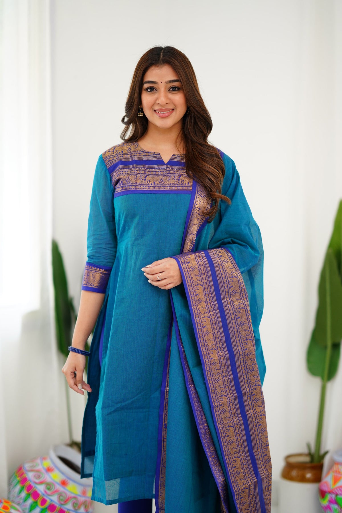 Meera Elegant Kanchi Cotton V-Neck Sky Blue Kurti With Dupatta