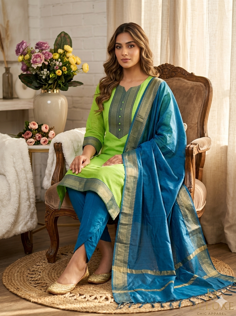 Fancy Kanchi Cotton Zari Work Pista Kurti Set