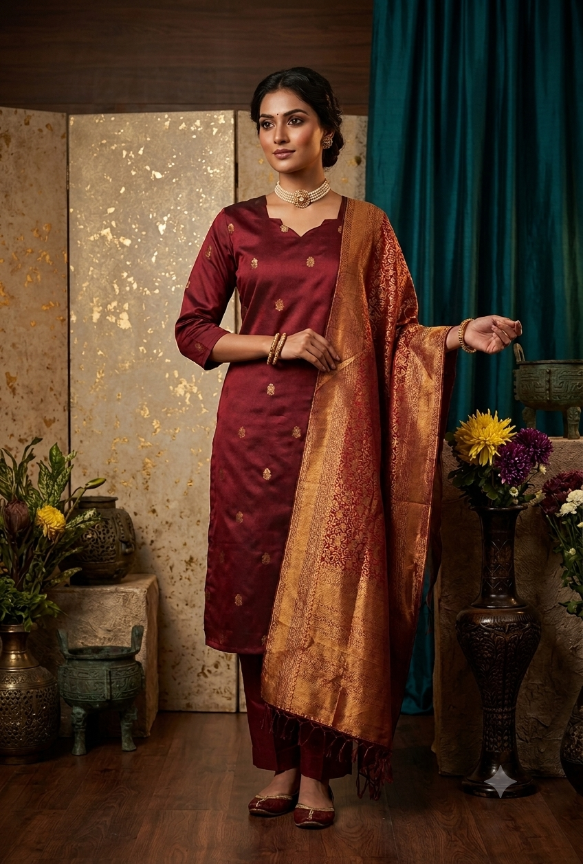 Premium Blended Silk Zari Work Red Kurti Set