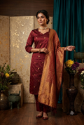 Premium Blended Silk Zari Work Red Kurti Set